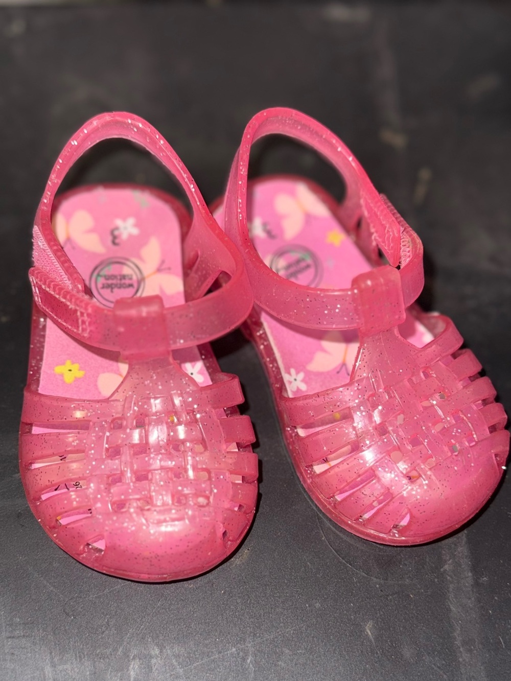wonder nation Pink Glitter Jelly Sandals with Floral Insole